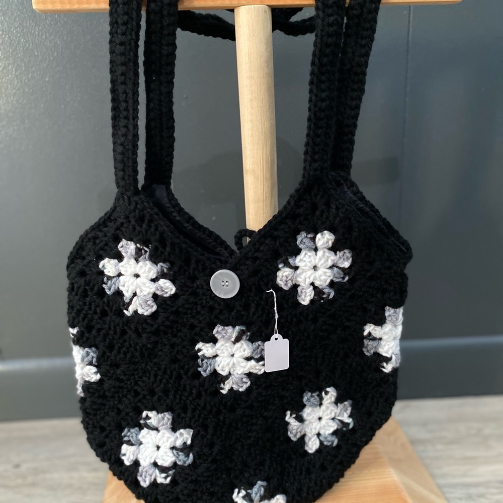 Handmade Black and White Crochet Granny Square boho Tote Bag
